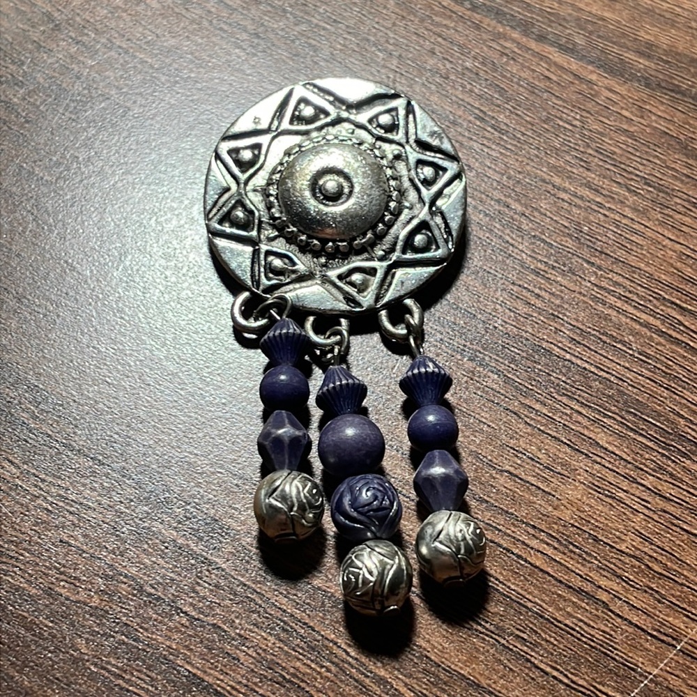 Southwest Style Beaded Dangle Pin Silver Tone and Purple Brooch!